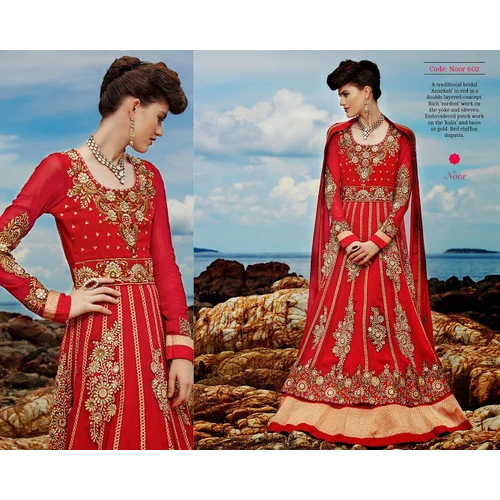 Anarkali Suits - Chiffon Material, Full Sleeves, Red Color | Breathable, Dry Cleaning, Cool Pass, No Fade