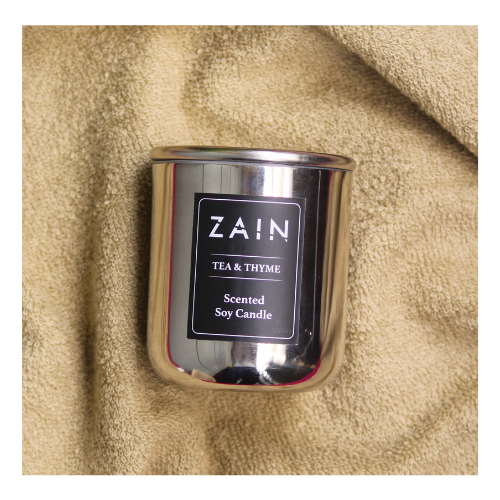 Zain Scented Candle - Natural Soy Wax, 7.0 X 7.0 X 8.0 Inches | Silver Finish Metal Jar, Handmade With Cotton Wick, Tea & Thyme Fragrance