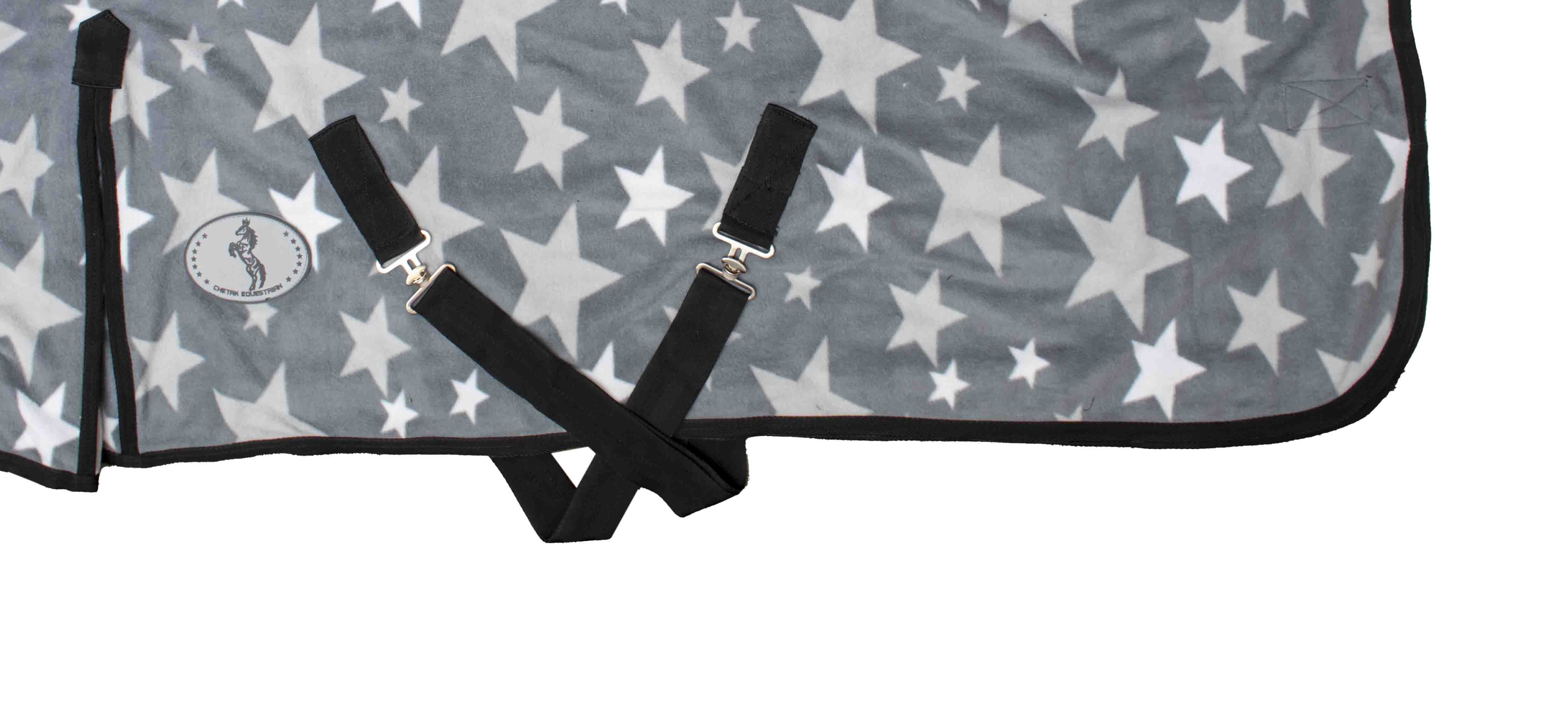 Standard Neck Heavy Quality Polar Fleece Rug - 210 D Nylon, Grey/white Star Print With Black Collar Design | Two Front Metal Buckles, Removable Leg Straps, Satin Lined, Double Cross Over Surcingles