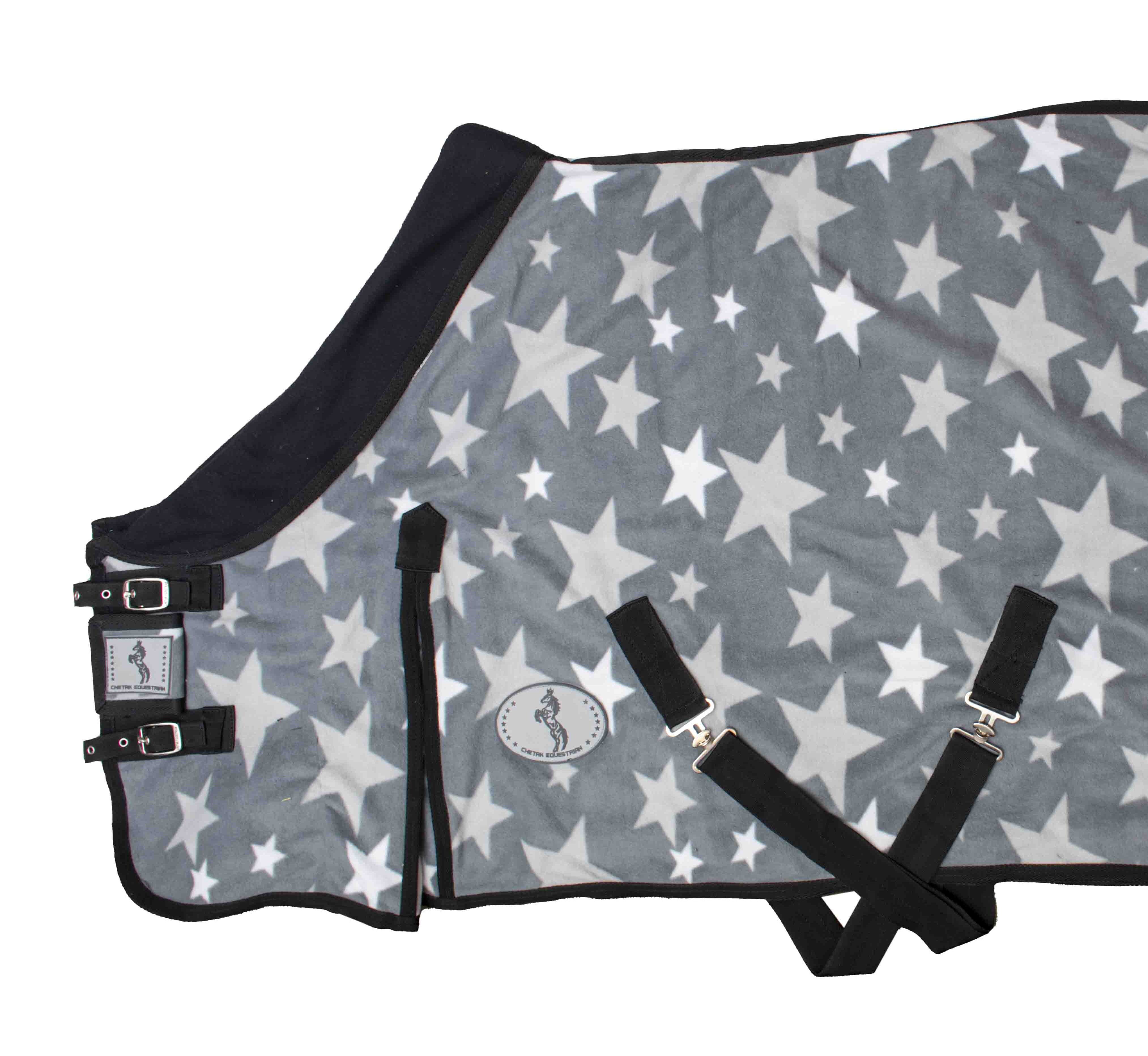 Standard Neck Heavy Quality Polar Fleece Rug - 210 D Nylon, Grey/white Star Print With Black Collar Design | Two Front Metal Buckles, Removable Leg Straps, Satin Lined, Double Cross Over Surcingles