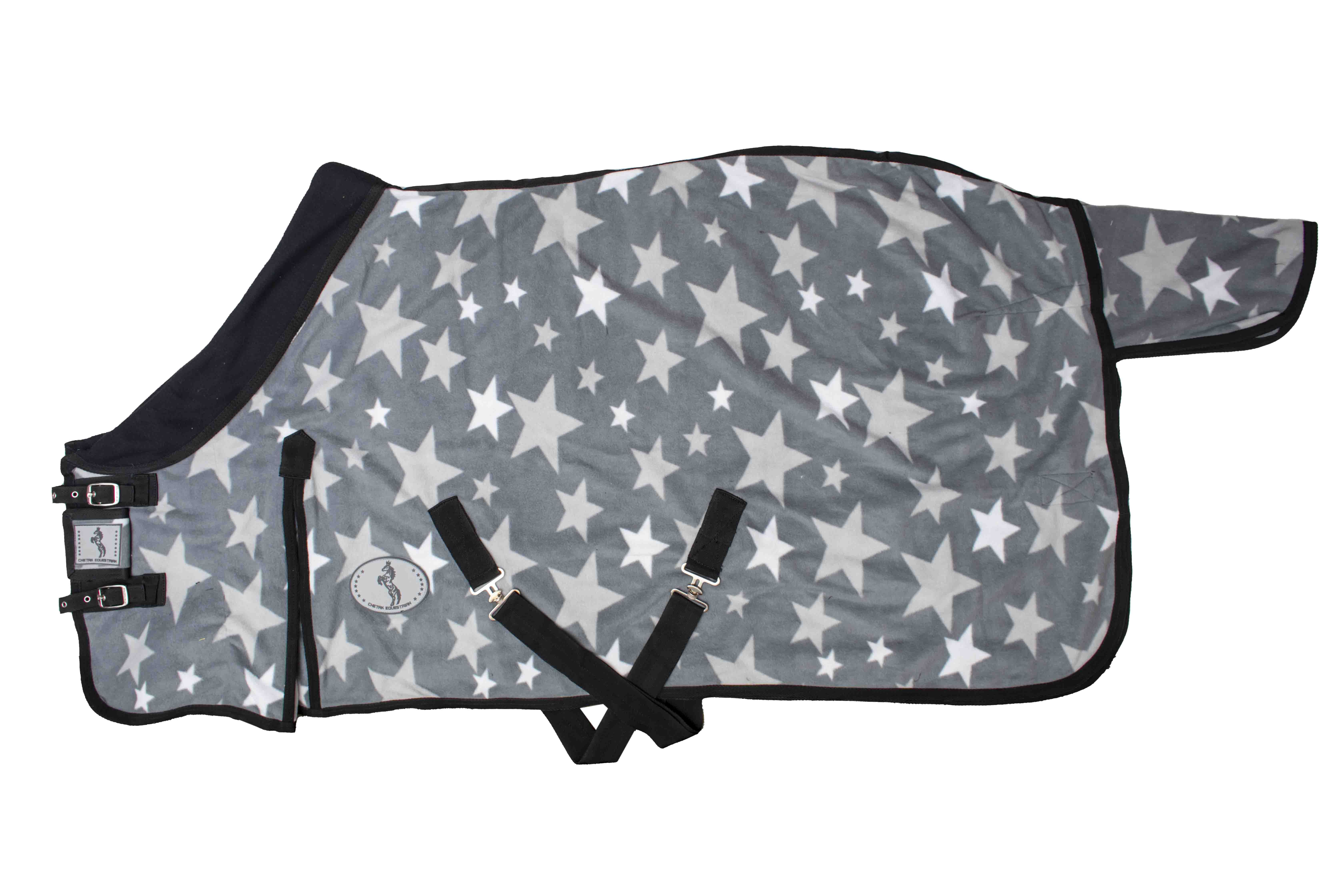 Standard Neck Heavy Quality Polar Fleece Rug - 210 D Nylon, Grey/white Star Print With Black Collar Design | Two Front Metal Buckles, Removable Leg Straps, Satin Lined, Double Cross Over Surcingles