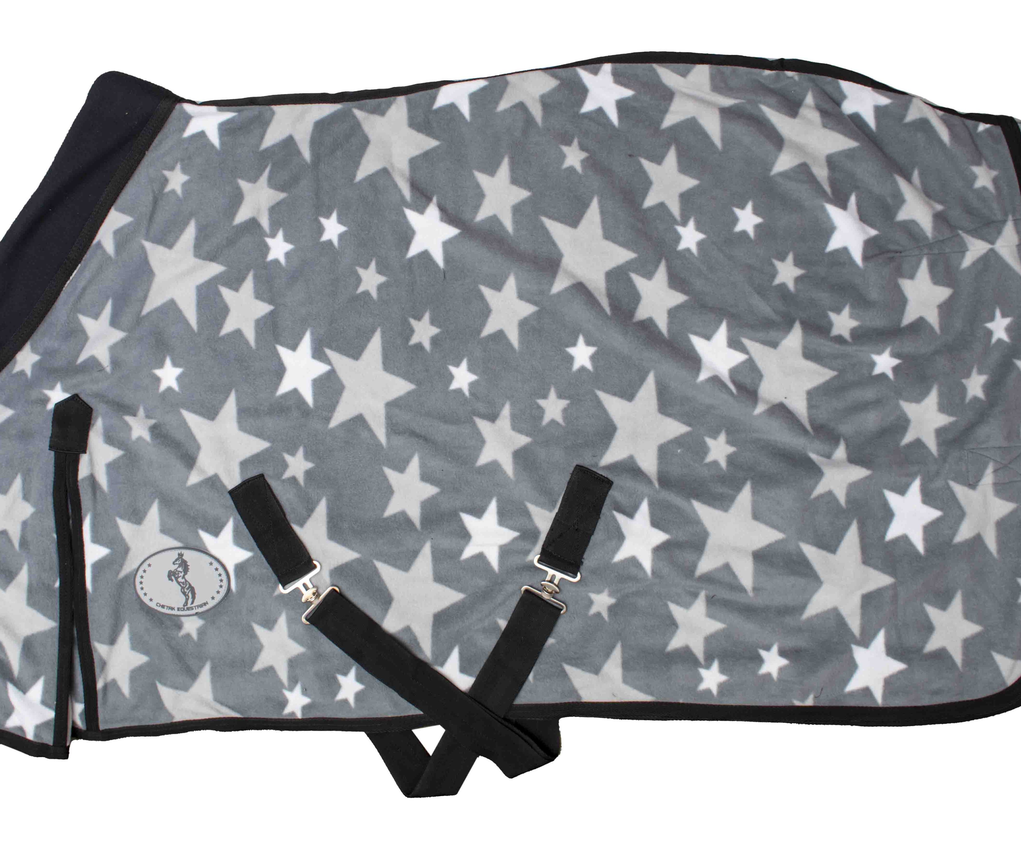 Standard Neck Heavy Quality Polar Fleece Rug - 210 D Nylon, Grey/white Star Print With Black Collar Design | Two Front Metal Buckles, Removable Leg Straps, Satin Lined, Double Cross Over Surcingles