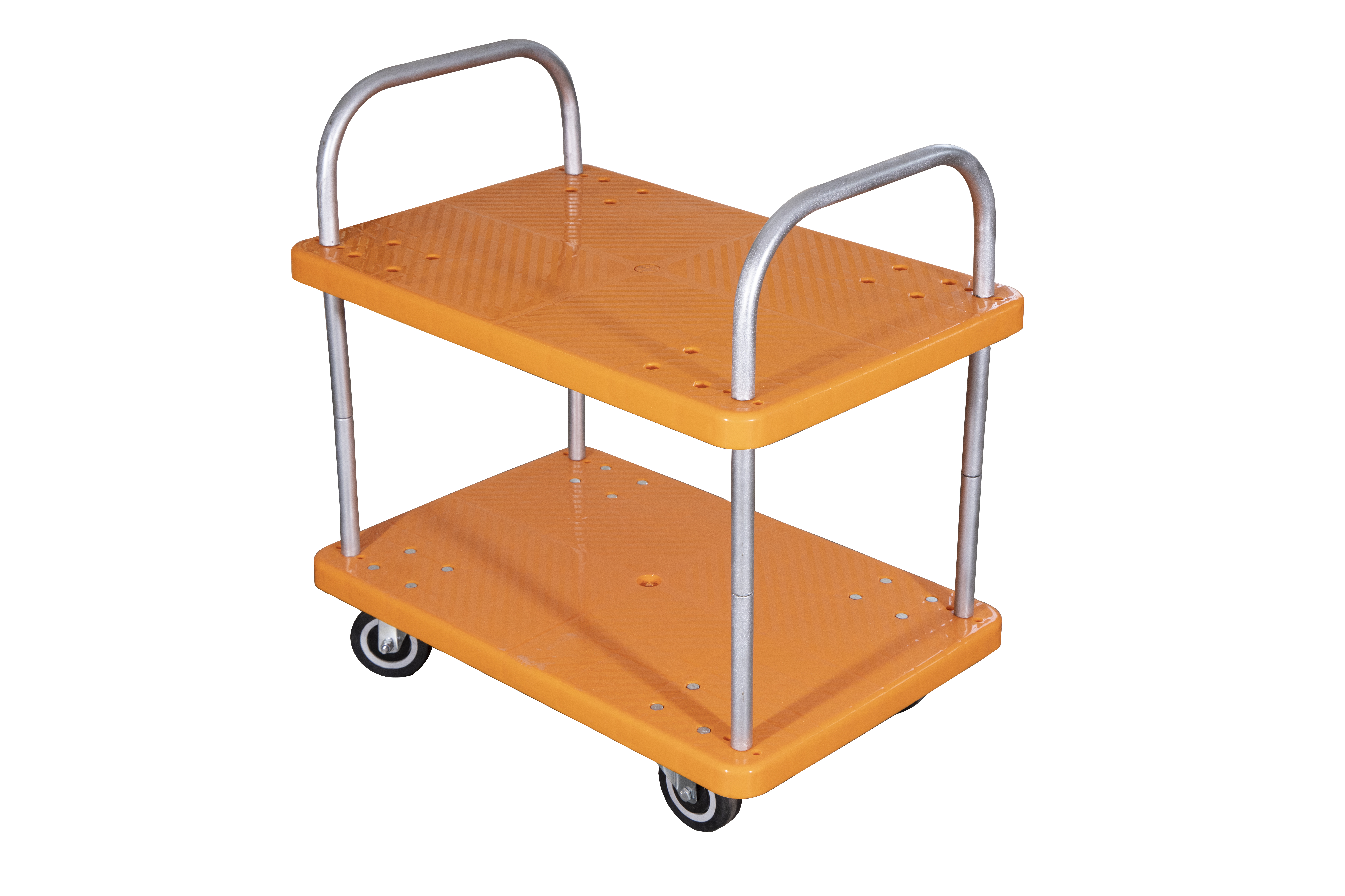 Two Layer Orange Plastic Platform Trolley - 150 Kg Capacity, 480 X 720 X 930 Mm Size, Made Of Polypropylene Copolymer, Net Weight 12.5 Kg
