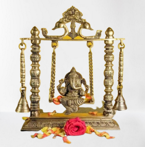 Brass Ganesh Jhula Hanging Bells - Intricate Kirtimukha Idol Ganesha Swing Statue, Auspicious Blessing Posture & Modak Touching Design for Indoor/Outdoor Use