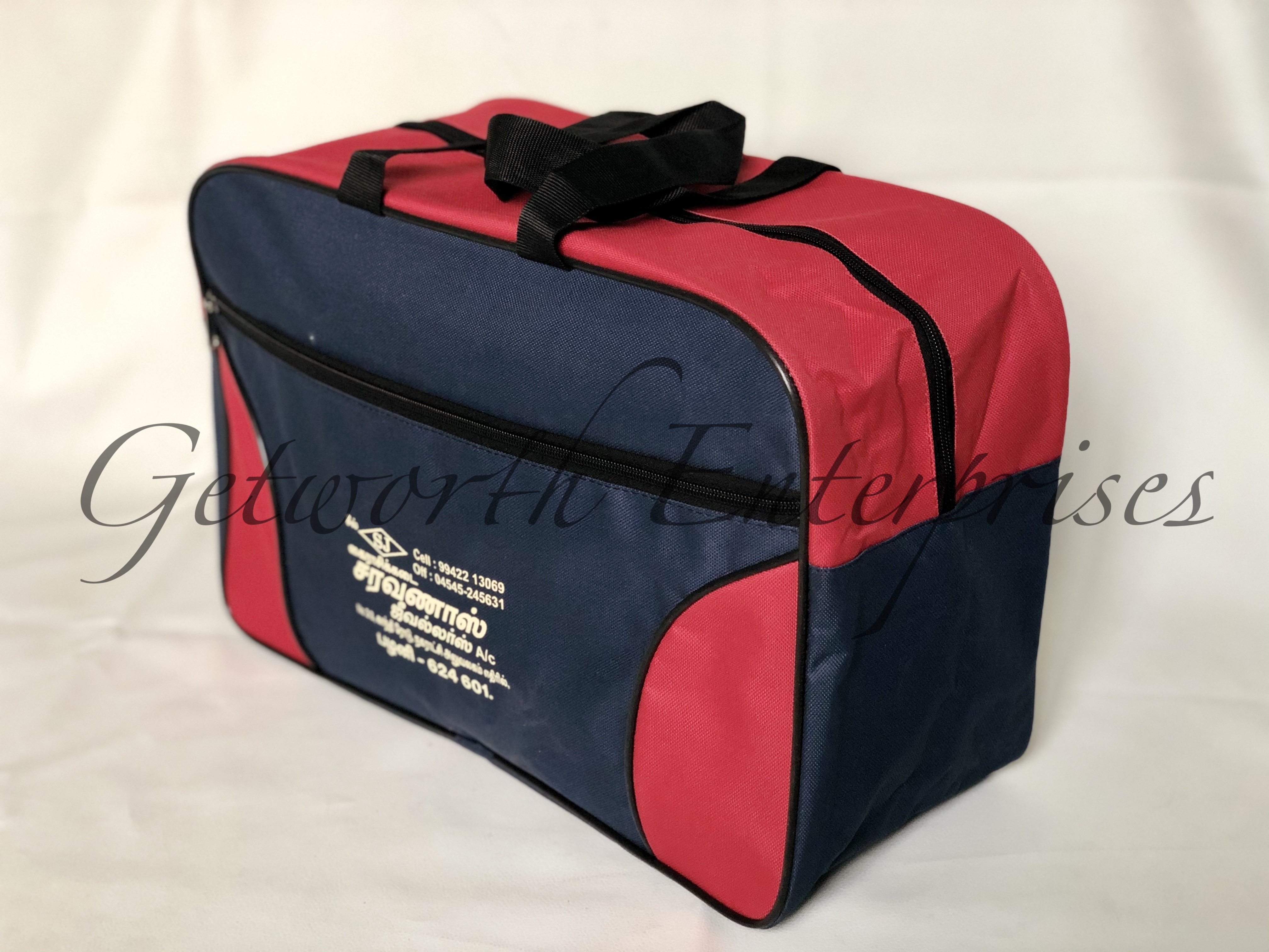 Blue Complimentary Travel Bag - Premium Rexine, 17" X 11" X 7", Blue And Red | Light Weight, Durable, Comfortable Handles, Easy To Wash