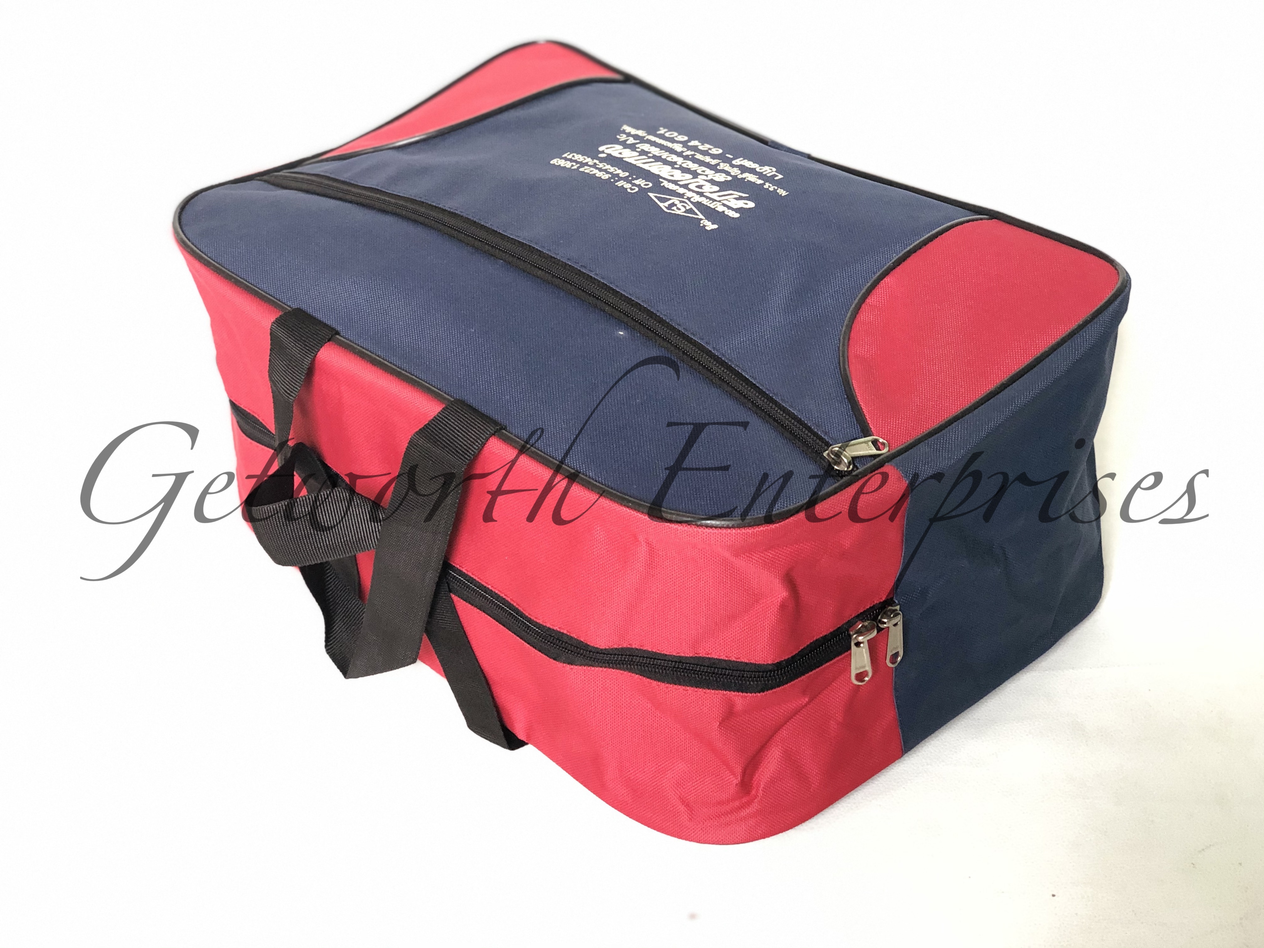 Blue Complimentary Travel Bag - Premium Rexine, 17" X 11" X 7", Blue And Red | Light Weight, Durable, Comfortable Handles, Easy To Wash