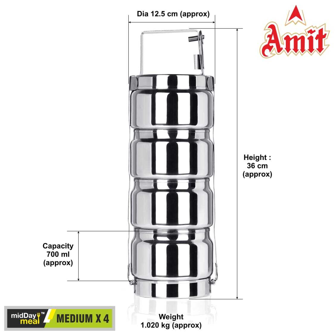 Stainless Steel Tiffin Box - Size: 600 Ml To 1150 Ml
