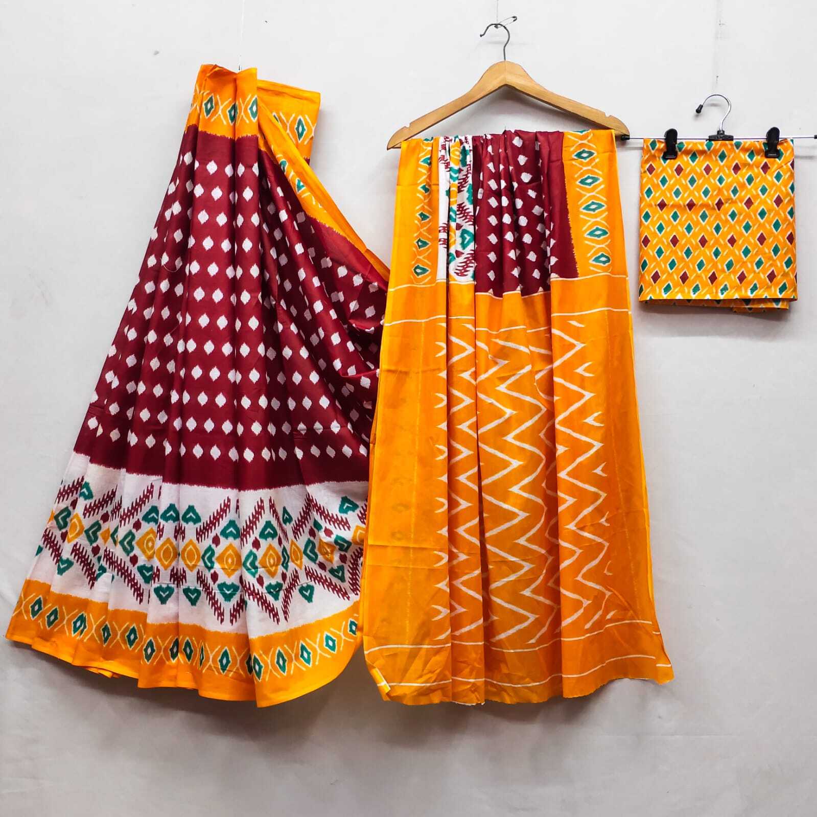 Pure Cotton Saree - 6.30 Mtr Ikkat Special Design | Soft Fabric Unstitched Blouse 10+ Color Options Traditional Occasions