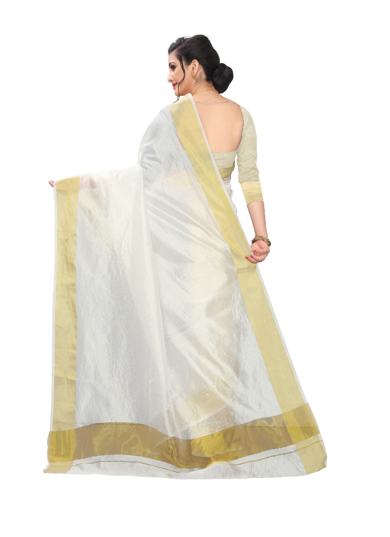 Kerala Saree - Cotton Blend, 5.5 Mtr Length X 44 Inch Width | Off White With Thick Golden Zari Border, Ideal For Ceremonies & Parties