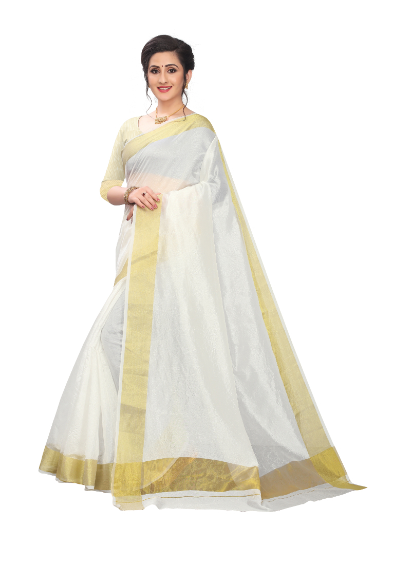 Kerala Saree - Cotton Blend, 5.5 Mtr Length X 44 Inch Width | Off White With Thick Golden Zari Border, Ideal For Ceremonies & Parties