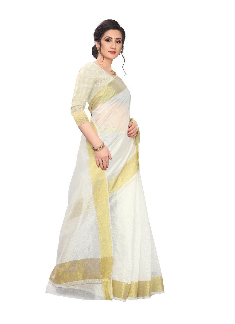 Kerala Saree - Cotton Blend, 5.5 Mtr Length X 44 Inch Width | Off White With Thick Golden Zari Border, Ideal For Ceremonies & Parties