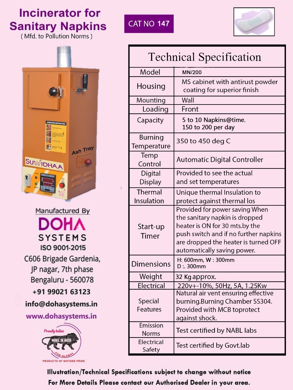 Suwidhaa 360 - Electric Sanitary Napkin Incinerator | Powder Coated, Wall Mountable, 200 Napkins/day, Fully Automatic