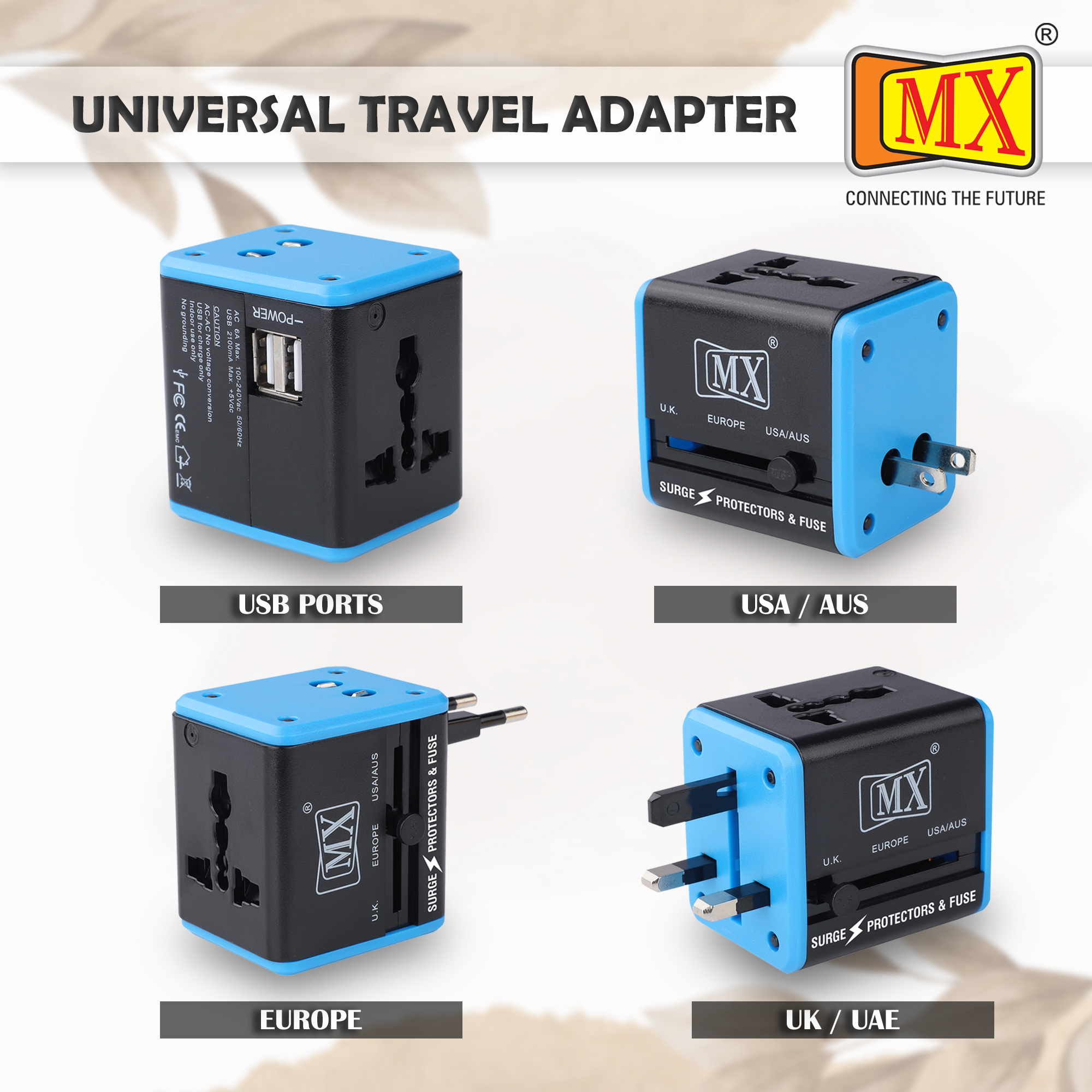 Universal Travel Adapter With 2 Usb Ports With Built In Fuse And Surge Protector Mx 4024