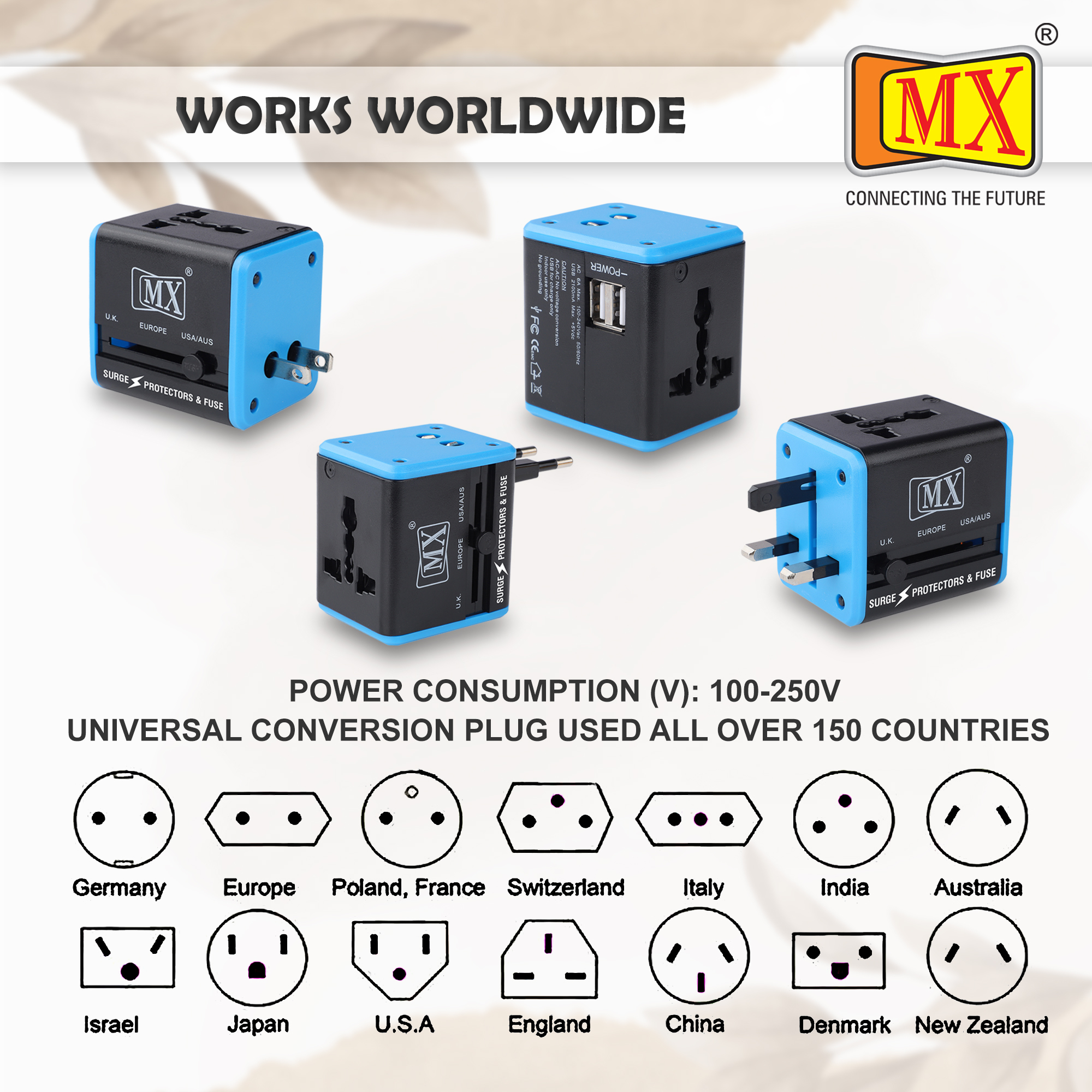 Universal Travel Adapter With 2 Usb Ports With Built In Fuse And Surge Protector Mx 4024