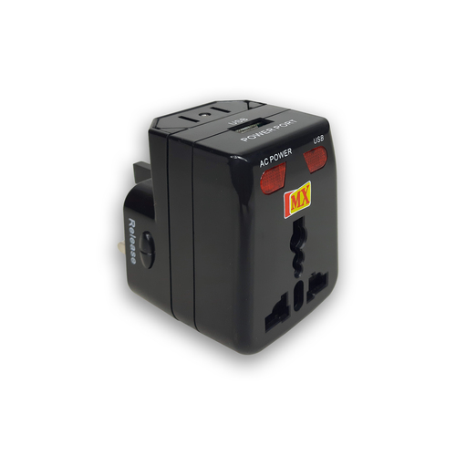 Universal Travel Adaptor With Usb Charger With Indicator And Fuse Mx 2988 - Polycarbonate, Black And White | Over 150 Country Compatibility, Safety Shutter, Easy To Use, Usb Charging Input