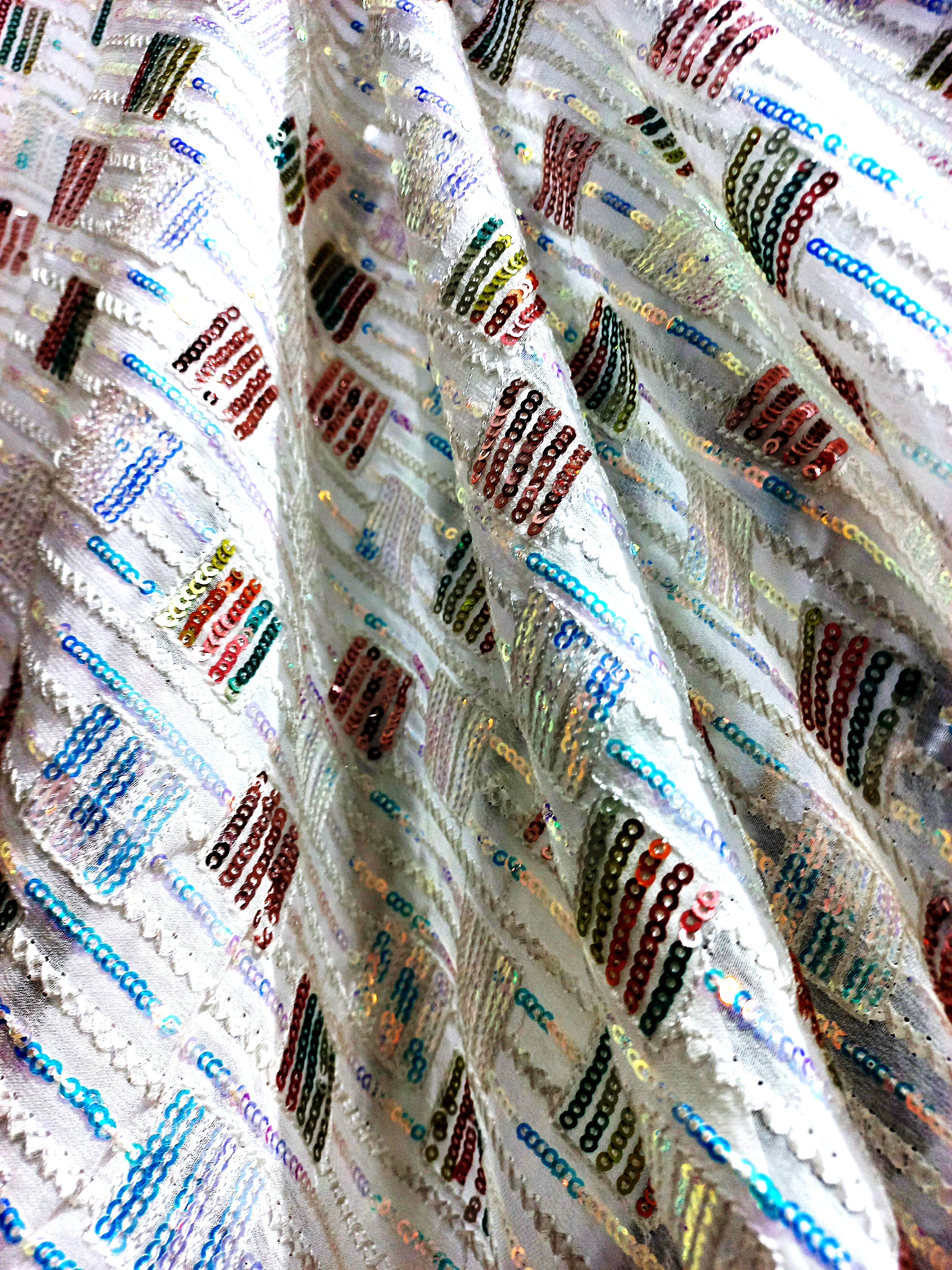 Rainbow Sequins With Viscose Thread Embroidered Fabric On Georgette - Color: Multicolor