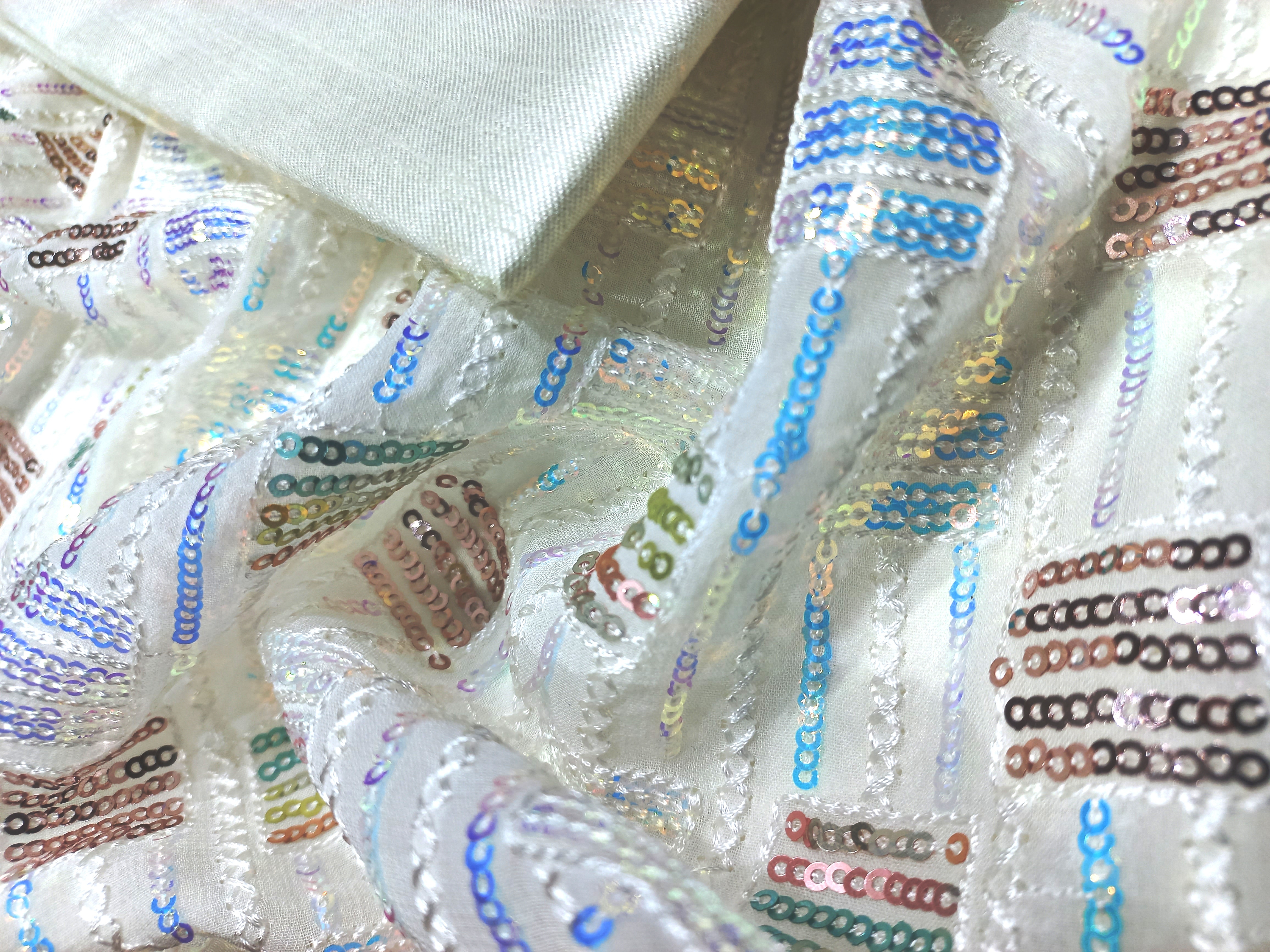 Rainbow Sequins With Viscose Thread Embroidered Fabric On Georgette - Color: Multicolor
