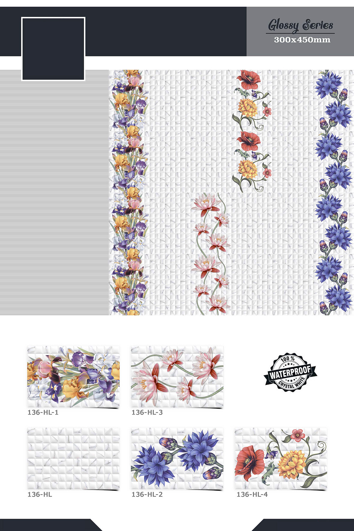 Bathroom Wall Tiles - 300x450mm Ceramic Mosaic, Glazed And Polished Finish, Acid-resistant, Antibacterial, Non-slip, Heat Insulation, Available In Multiple Colors