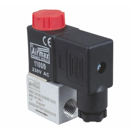 Airmax Amv 2v 3-2 Way Direct Acting Solenoid Valve - Aluminium, 1/4 Inch Size, Black & Red Color | 80â°c Temperature, 8 Kg/cm2 Pressure