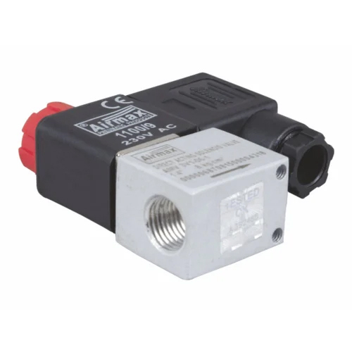 Airmax Amv 2v 3-2 Way Direct Acting Solenoid Valve - Aluminium, 1/4 Inch Size, Black & Red Color | 80â°c Temperature, 8 Kg/cm2 Pressure