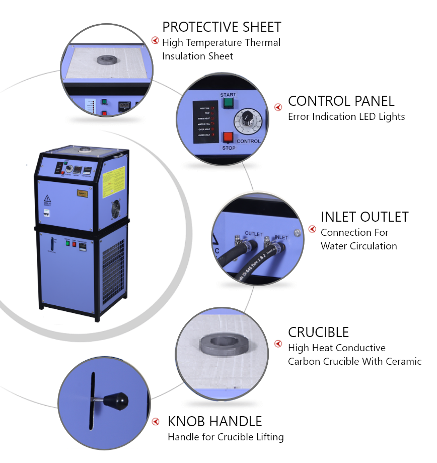 Induction Based Gold Melting Machine - 1 Kg Capacity, 440 X 440 X 480 Mm Size, Gray Color | Flameless Operation, Auto Stirring Effect, High Efficiency, Energy Saving, Low Noise, Water Cooling