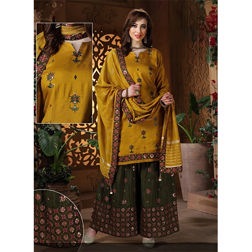 No Fade Mustard Colour Dola Silk Embroidered Designer Sharara Suits