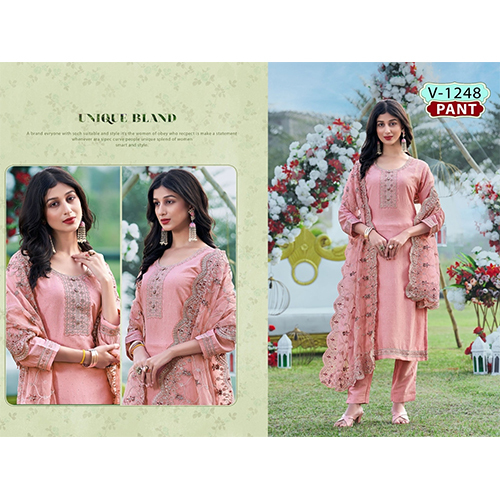 Chanderi Fabric Straight Salwar Suit Set - Peach Color, 3/4 Sleeve, Embroidered Design | Includes Top, Bottom, Dupatta, Regular Fit