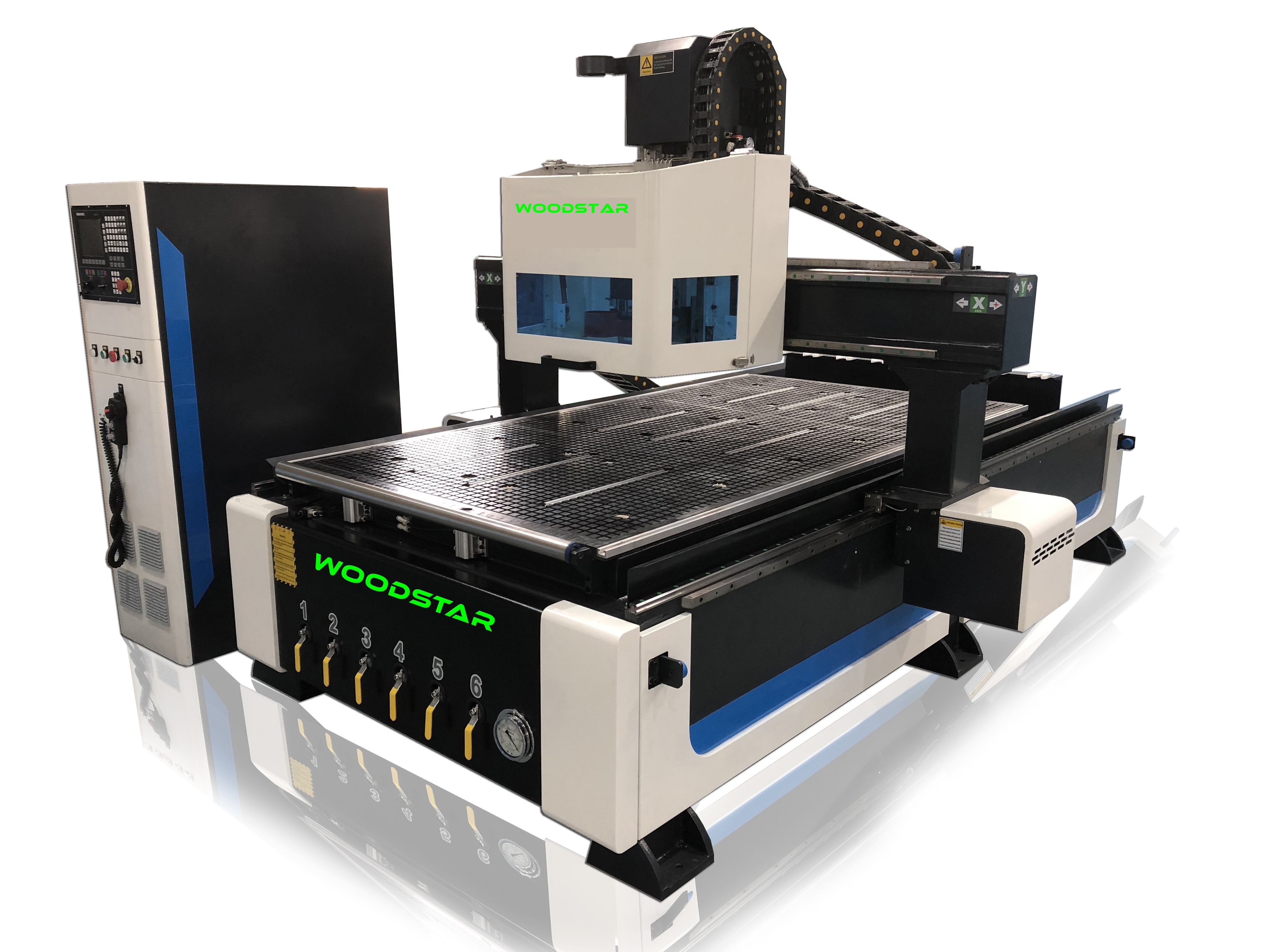 Woodstar Cnc Router - 1300x2500x300 Mm Working Area, Blue Finish, 25000 Mm/m Speed, 3.5 Kw Air Cooled Spindle, Automatic Operation, 1200 Kg Weight, Yako Stepper Motor, Richauto A11 Dsp Controller