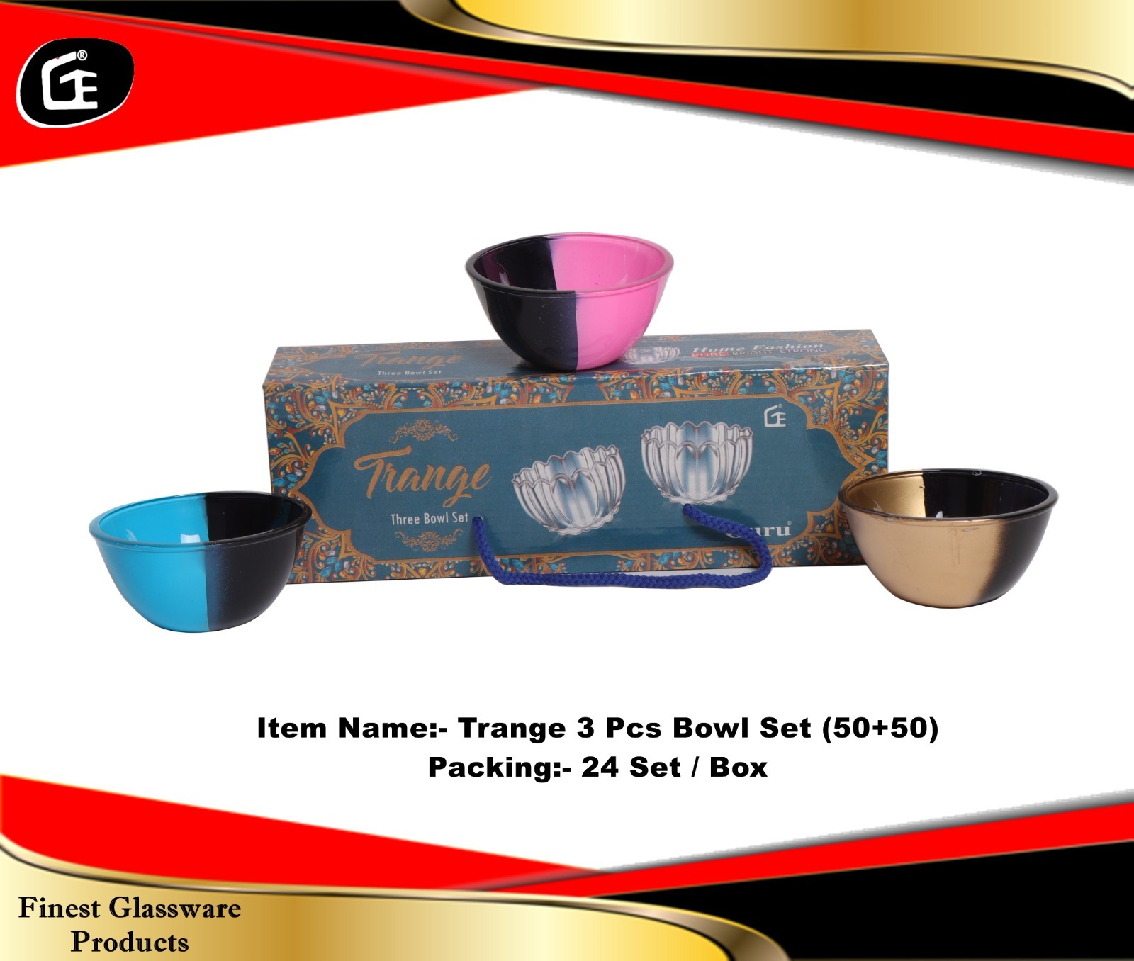 Trange Bowl Set Mix (50%50) - Glass Material, Varied Dimensions, Black Two-toned Design | Dishwasher Safe, Microwave Safe, Set Of Three, Elegant And Stylish Look