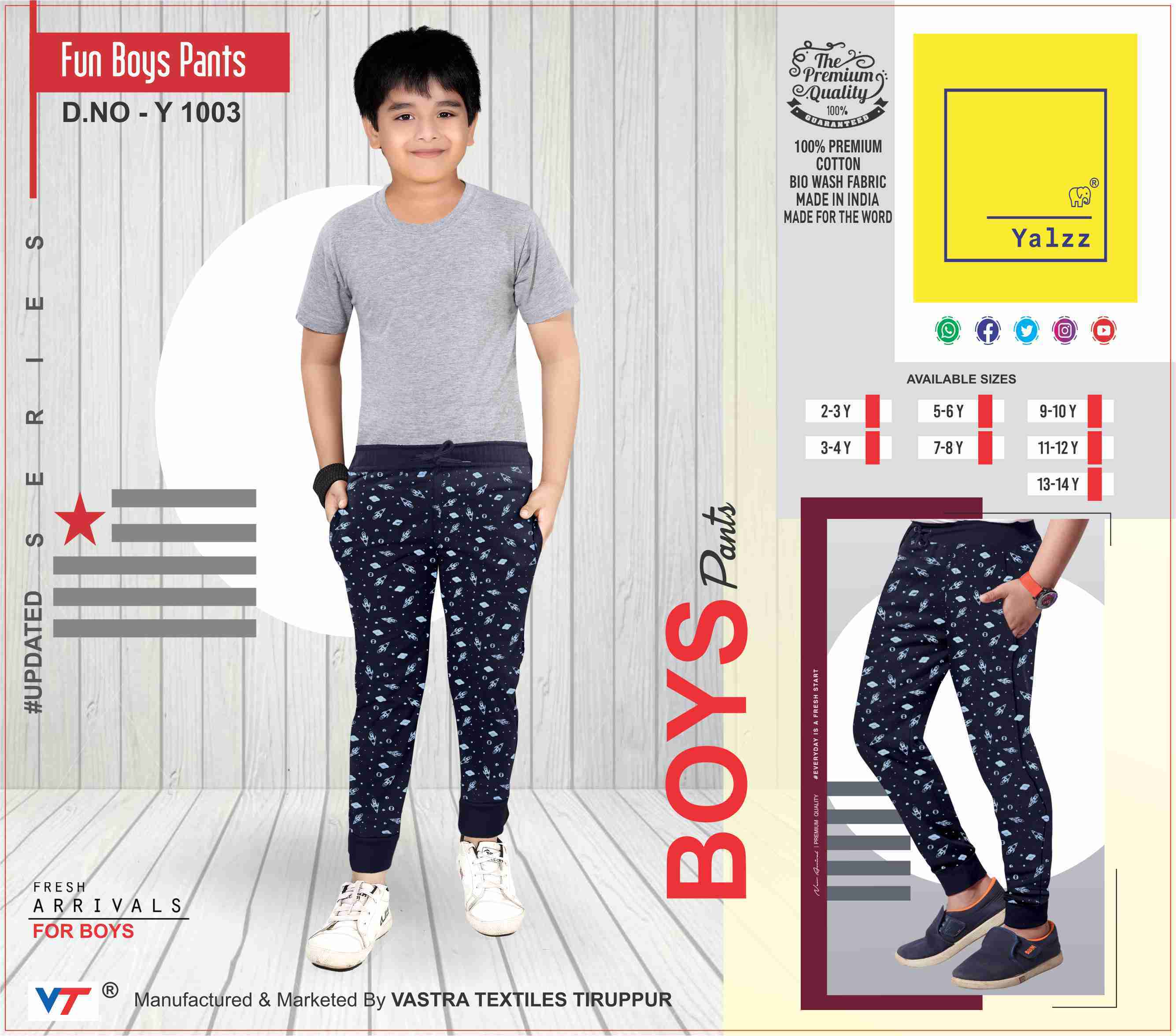 Boys Designer Pant - Cotton, Size S | Quick Dry Comfort For Active Boys