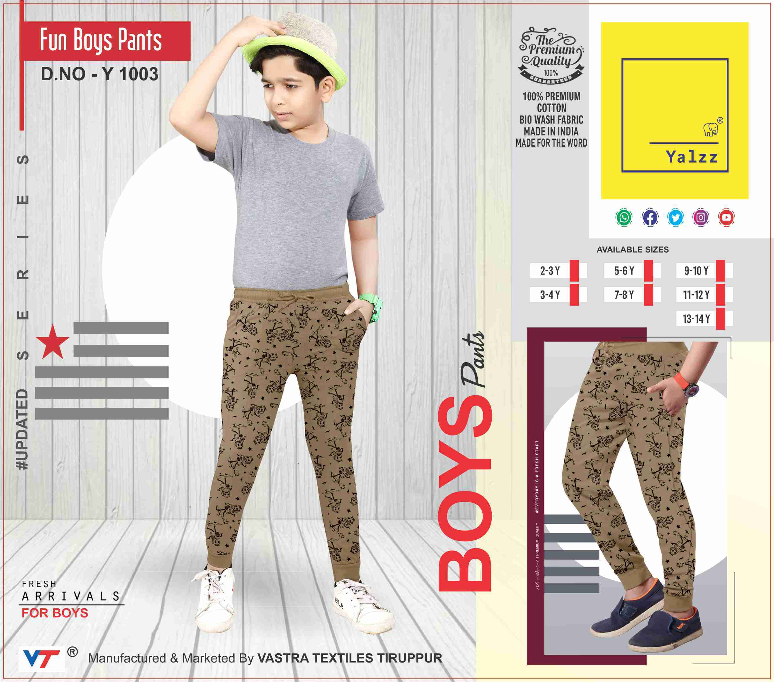 Boys Designer Pant - Cotton, Size S | Quick Dry Comfort For Active Boys