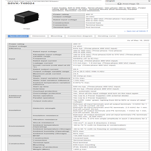S8vk-t48024 Omron Power Supply - Dimension (L*w*h): 130 Micromete (Micron)