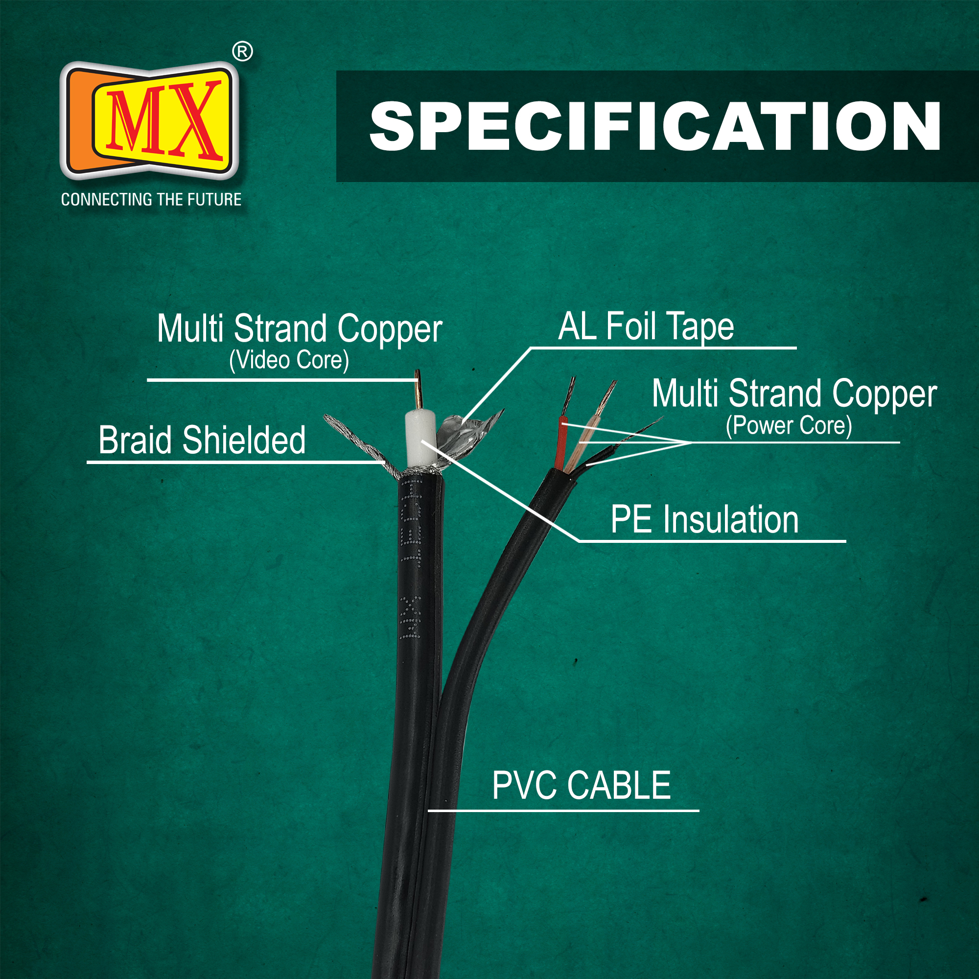 Cctv Camera Coaxial Cable Mx Rg6 - Copper Core, 300 Meter Length, Black Pvc Jacket | 95% Shielding, Rca/bnc/f-pin Compatibility, Ideal For Industrial And Telecommunication Use