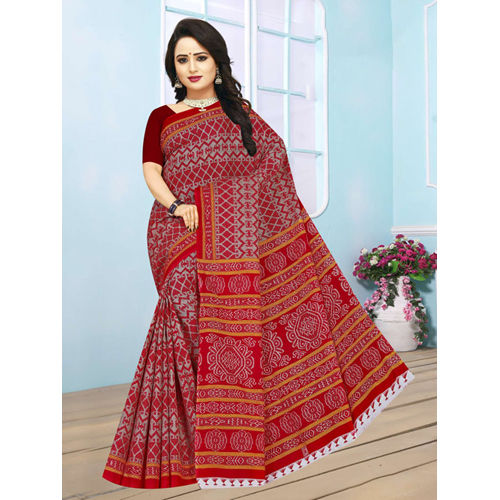 Red Ladies Casual Cotton Saree