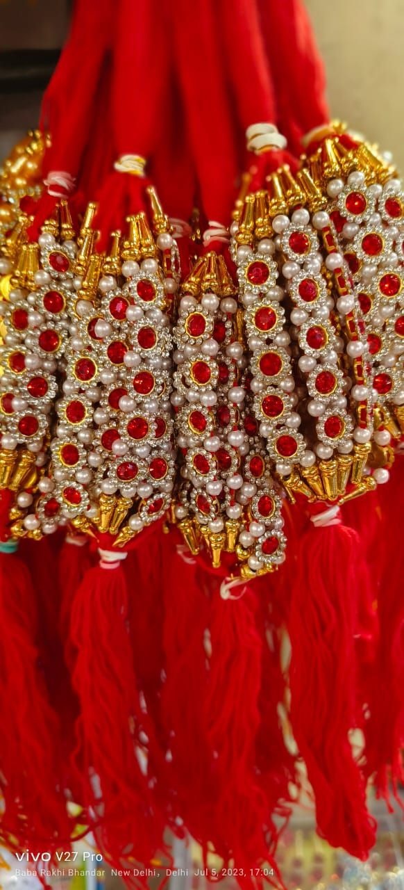 Fancy Stone Rakhi - Stone & Polyester | 10-12 Cm, Red Color, Elegant Design With Gold Accents, Auspicious Occasion For Sibling Bonding