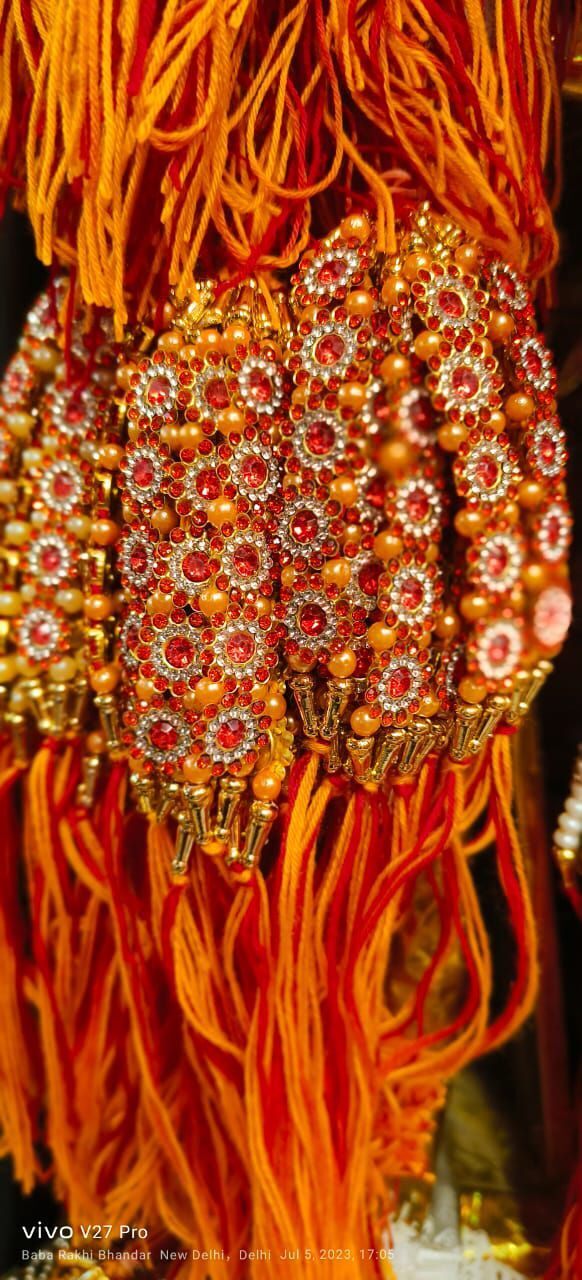 Fancy Stone Rakhi - Stone & Polyester | 10-12 Cm, Red Color, Elegant Design With Gold Accents, Auspicious Occasion For Sibling Bonding