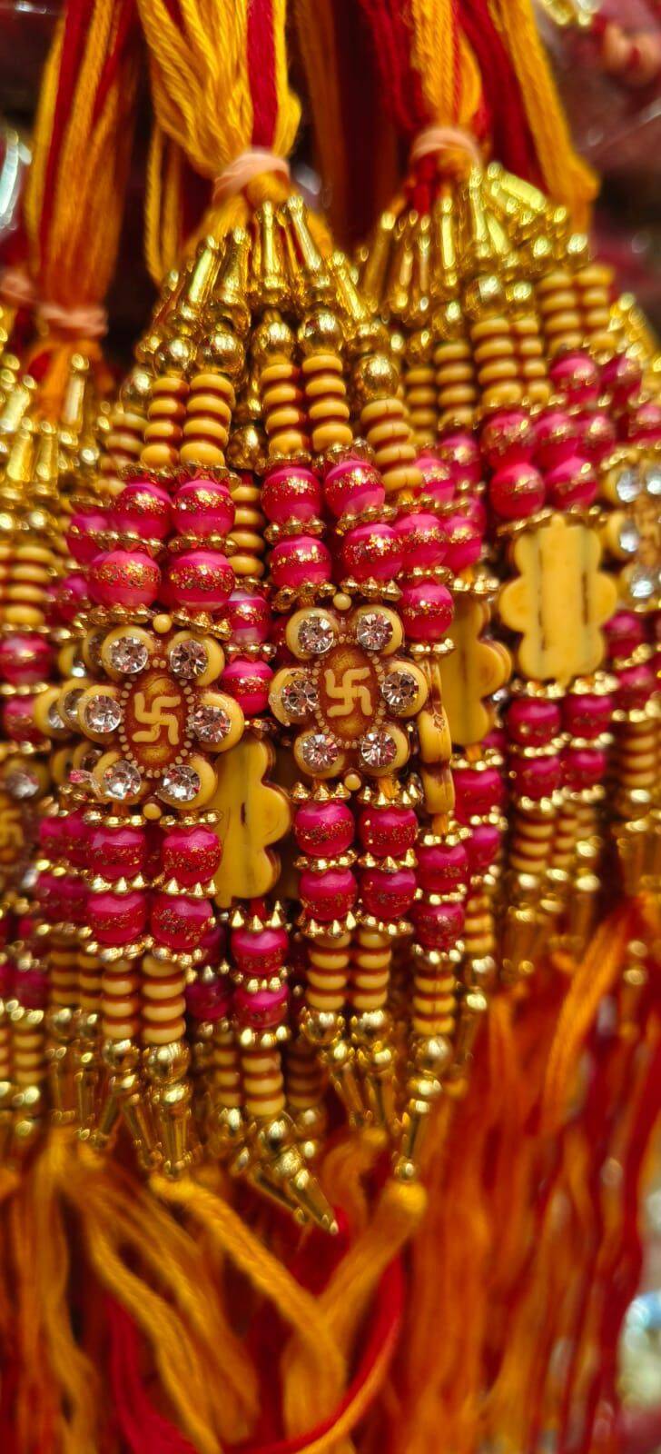 Fancy Rakhi - Silk Thread And Beads, 12-15 Cm Length, Red Color | Embellished Design, Celebrates Brotherly Bond And Cultural Heritage