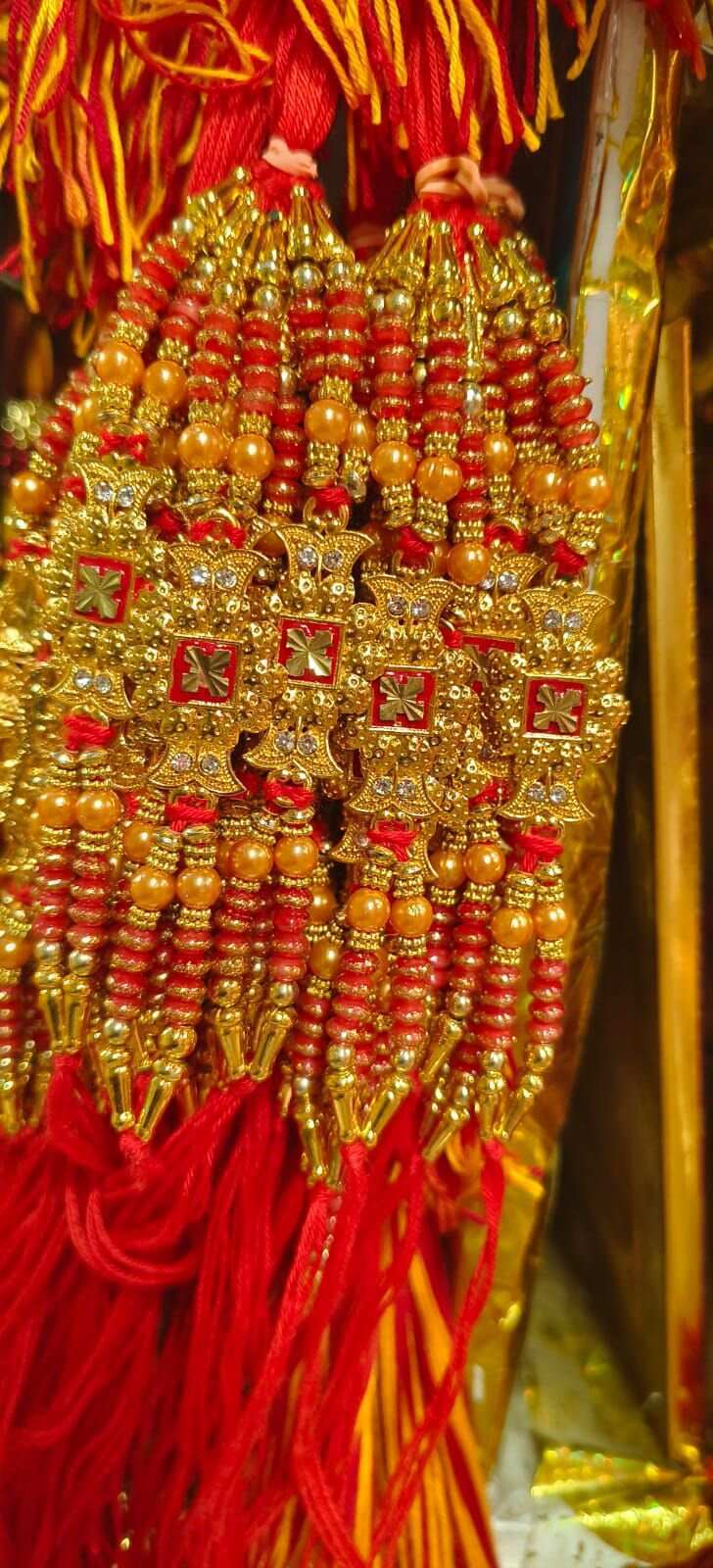 Fancy Rakhi - Silk Thread And Beads, 12-15 Cm Length, Red Color | Embellished Design, Celebrates Brotherly Bond And Cultural Heritage