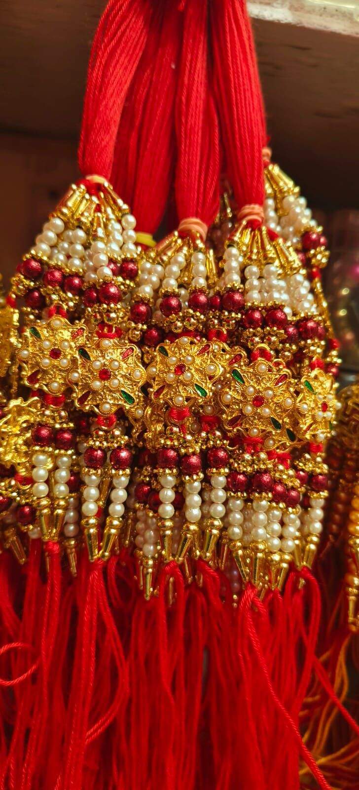 Fancy Rakhi - Silk Thread And Beads, 12-15 Cm Length, Red Color | Embellished Design, Celebrates Brotherly Bond And Cultural Heritage