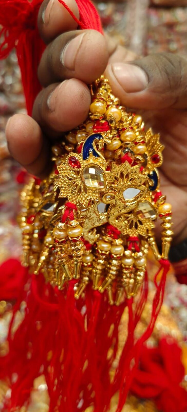 Fancy Rakhi - Silk Thread And Beads, 12-15 Cm Length, Red Color | Embellished Design, Celebrates Brotherly Bond And Cultural Heritage