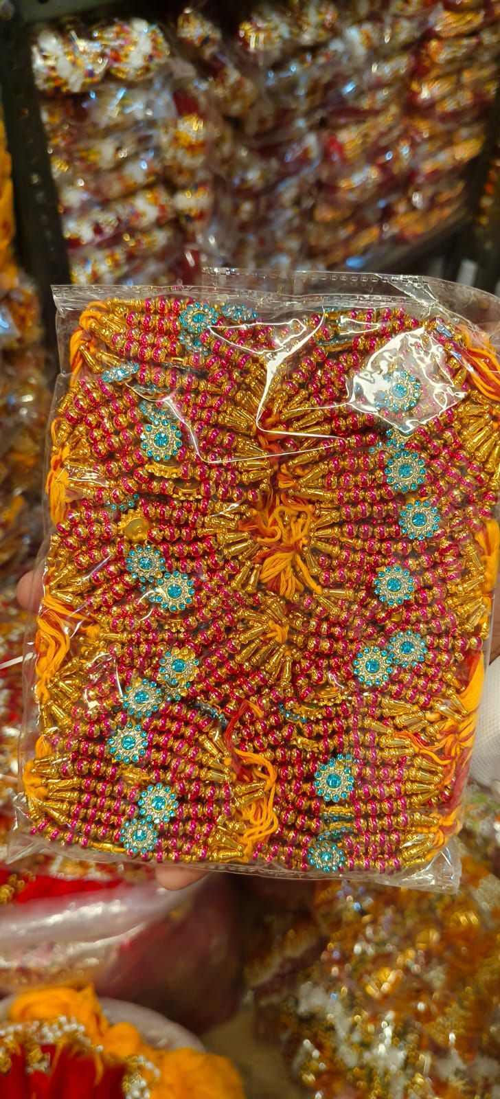 Double Dori Stone Rakhi - Beads And Thread, 15-20 Cm Length, Red Color | Festival Celebration, Sibling Bonding, Traditional Design, Stone Embellishments