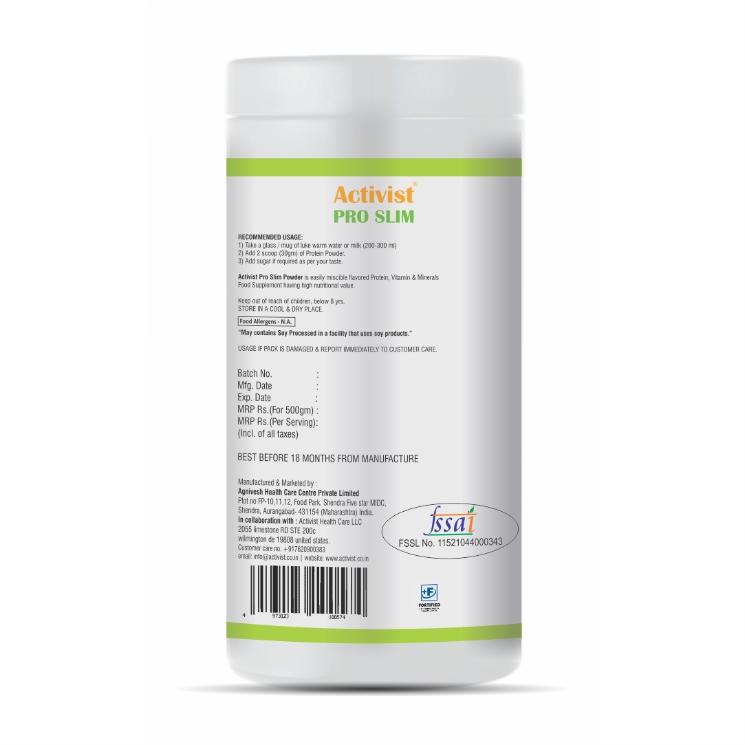 Activist Pro Slim Protein Powder Mango Flavour 500g - Ingredients: Vitamin A | Vitamin D2 | Vitamin E | Vitamin C | Vitamin B1 | Vitamin B2 | Calcium Pantothenate | Vitamin B6 | Niacinamide | Folic Acid | Biotin | Choline | Phosphorus | Iodine | Magnesium | Copper | Zinc | Manganese | Sodium | Potassium | Chloride
