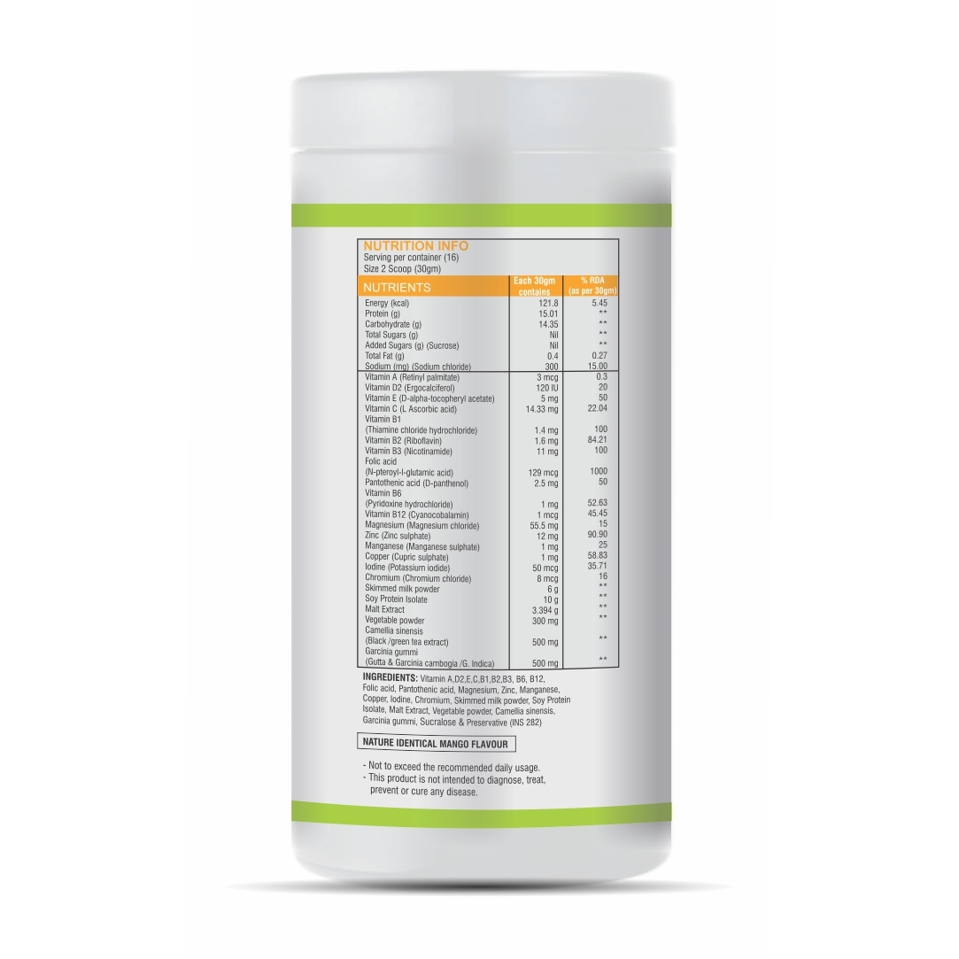 Activist Pro Slim Protein Powder Mango Flavour 500g - Ingredients: Vitamin A | Vitamin D2 | Vitamin E | Vitamin C | Vitamin B1 | Vitamin B2 | Calcium Pantothenate | Vitamin B6 | Niacinamide | Folic Acid | Biotin | Choline | Phosphorus | Iodine | Magnesium | Copper | Zinc | Manganese | Sodium | Potassium | Chloride