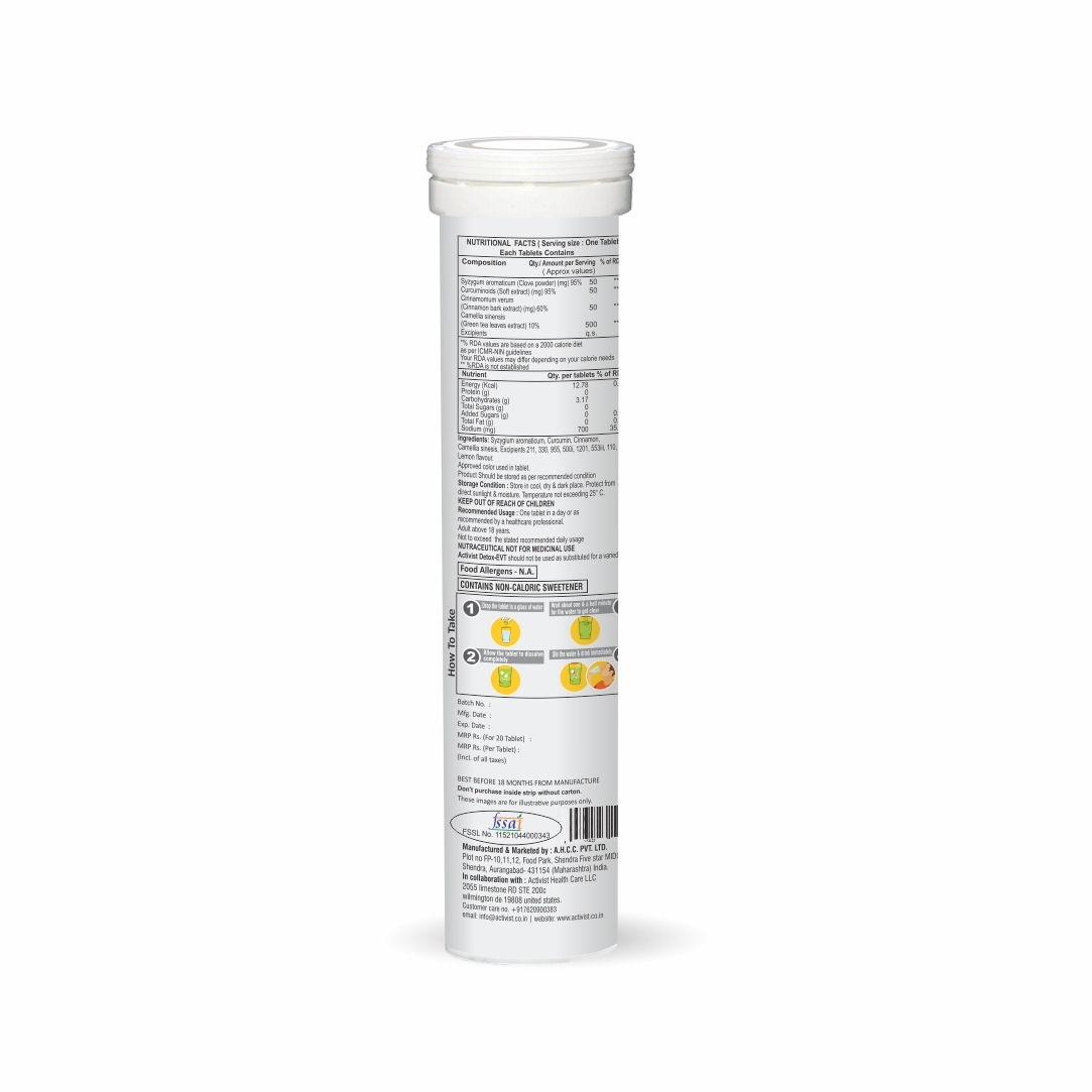 Activist Detox Immune Booster Tablets Evt - Ingredients: Cloves | Curcumin | Cinnamon | Amla | Green Tea | Citric Acid | Sodium Bicarbonate | Lemon Flavour