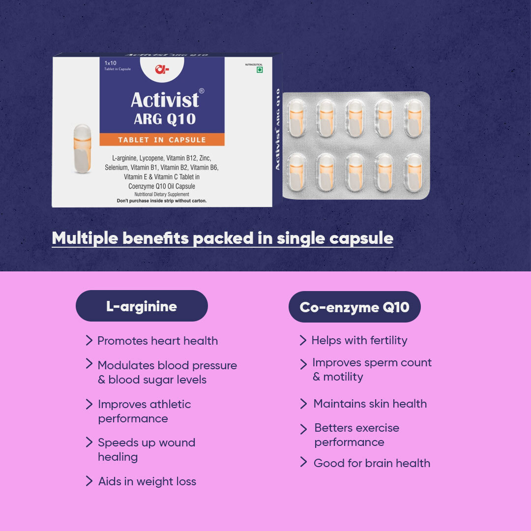 Activist Arg Q10 Man Fertility Booster 30 Capsules - Ingredients: Co-enzyme Q 10 Oil | L-arginine | Lycopene | Zinc | Selenium | Vitamin B1