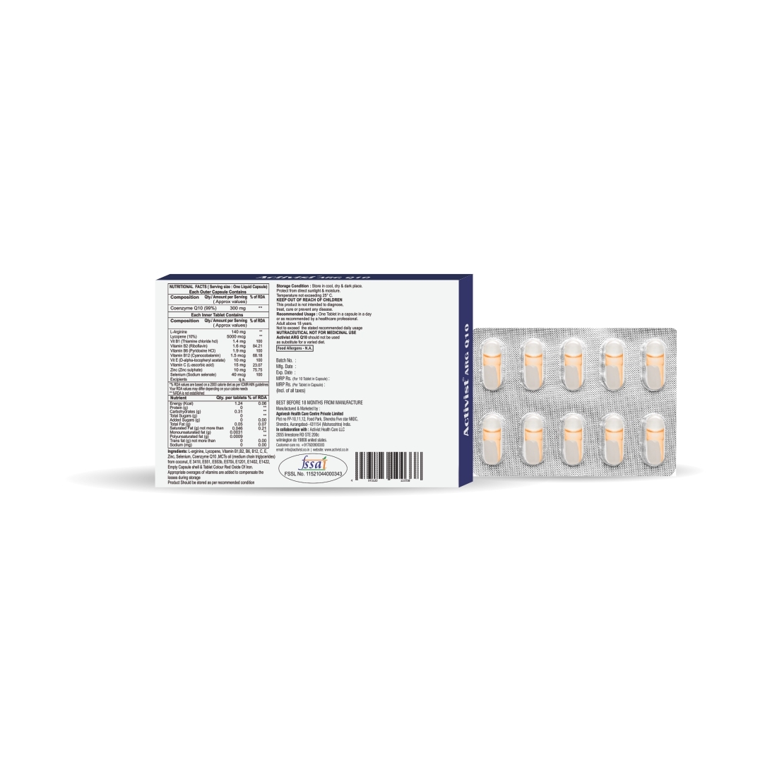 Activist Arg Q10 Man Fertility Booster 30 Capsules - Ingredients: Co-enzyme Q 10 Oil | L-arginine | Lycopene | Zinc | Selenium | Vitamin B1