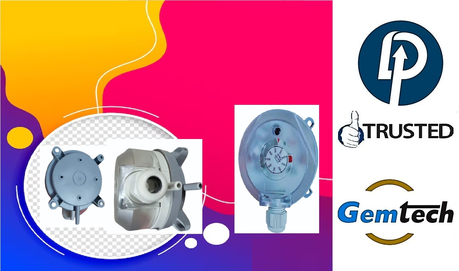 Gemtech Differential Pressure Switch 930.80 - Adjustable Pressure Range 20-200 Pa | White Plastic Dial, Suitable For Air And Non-combustible Gases, Ideal For Pharmaceutical And Industrial Applications