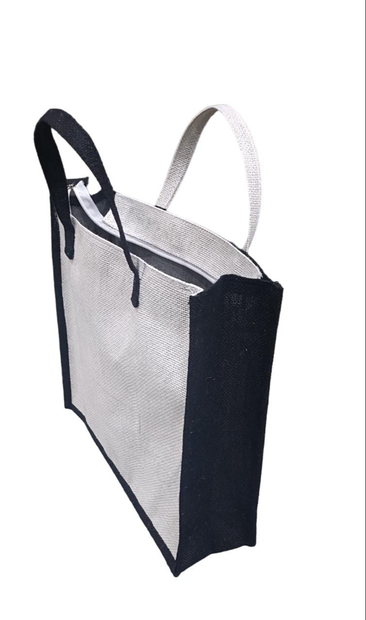 Silver Jute Carry Bag - Jute Fabric, 14x16x4 Inches | Multi-color Natural Look, Laminated Moisture Protection, Reusable & Eco-friendly