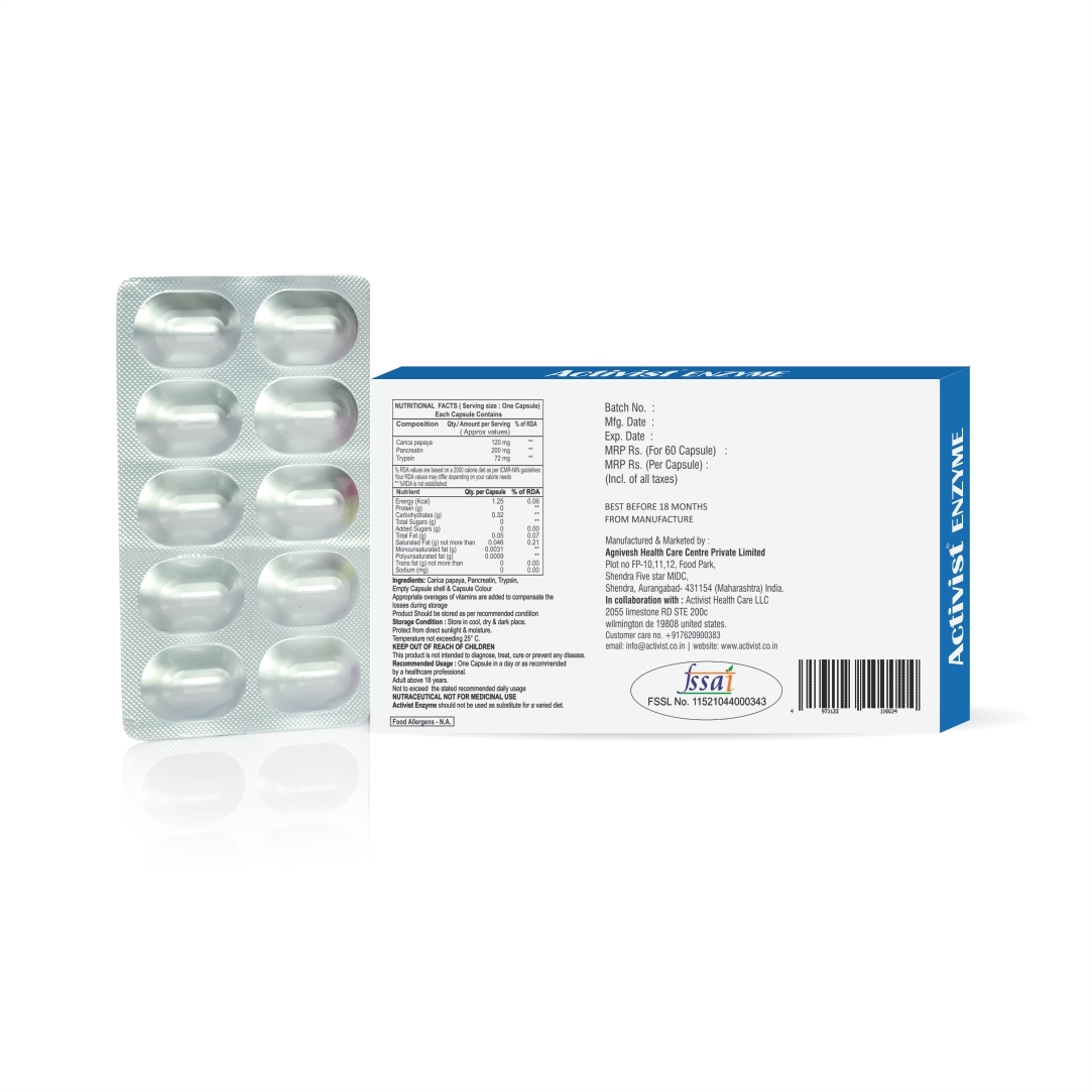 Activist Enzyme 30 Capsules Strip - Ingredients: Pancreatin | Bromelain | Carica Papaya | Trypsin | Chymotrypsin | Rutoside Trihydrate