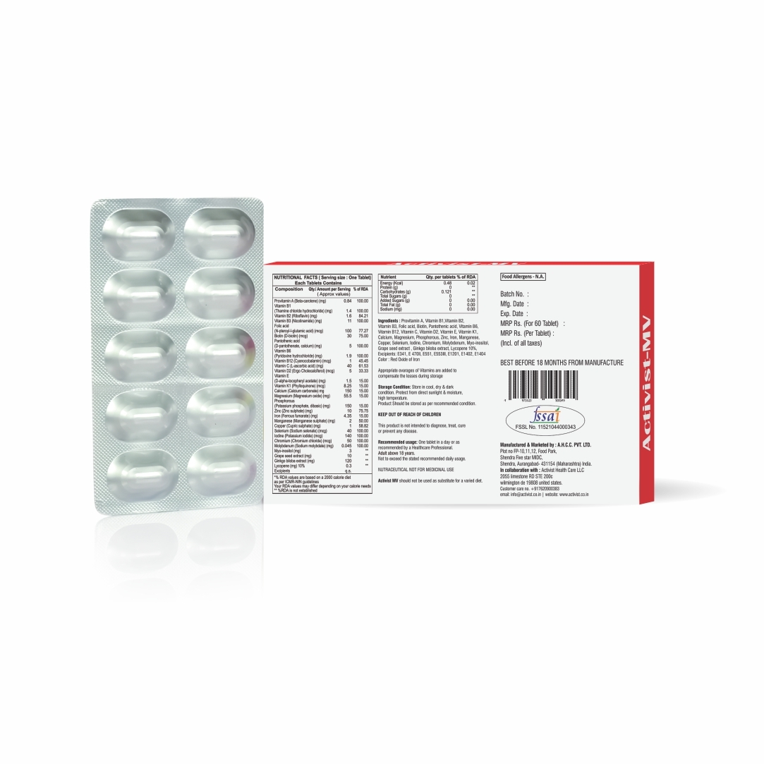 Activist-mv Multivitamins 30 Tablets Strip - Ingredients: Biotin | Vitamin E & Vitamin C | Calcium | Magnesium | Vitamin K | Vitamin D | Calcium Carbonate | Magnesium Oxide | Phosphorus | Vitamin B1